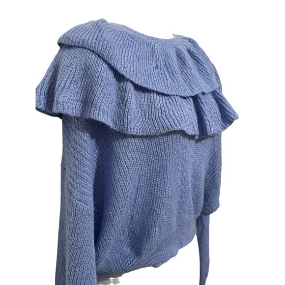 Zara NWOT Ruffled Sweater S Blue Long Sleeves Chunky Knit Crop Pullover Crochet - Picture 4 of 7